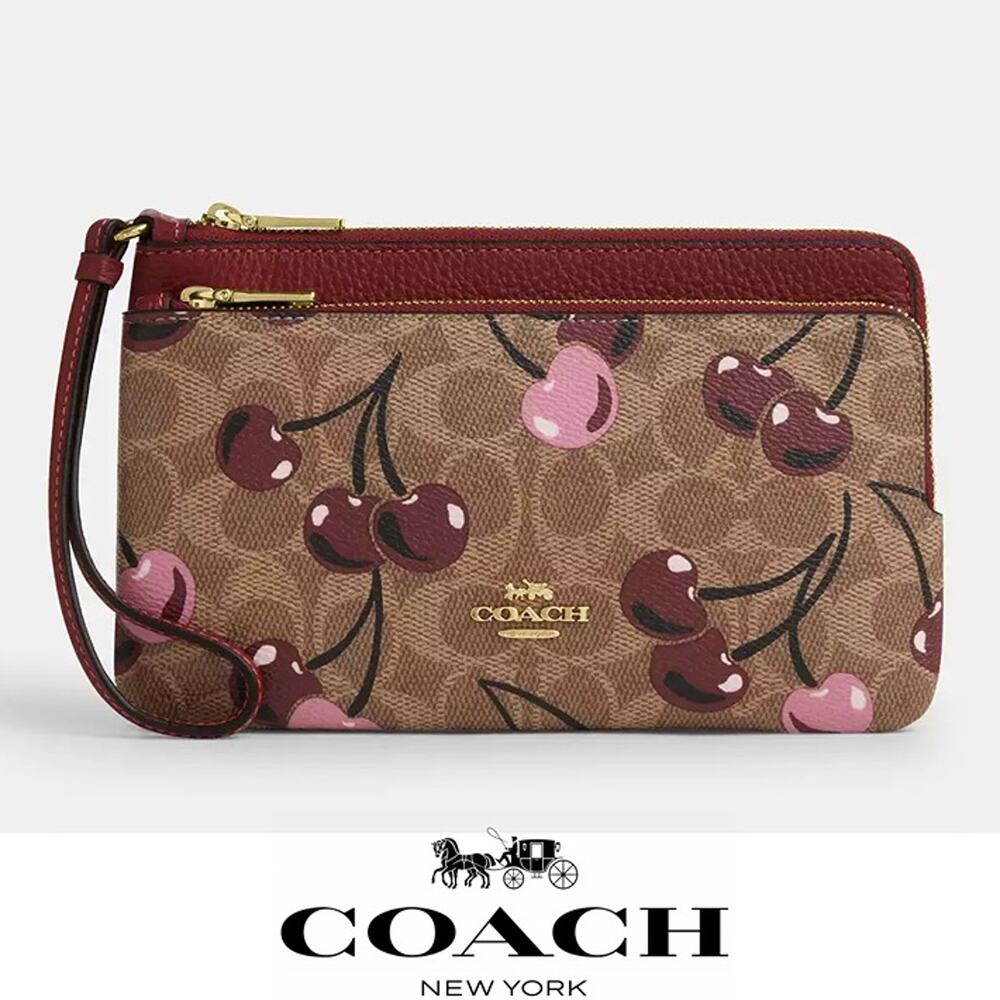 ❤️ Coach Double Zip Wallet In Signature Canvas With Cherry Print